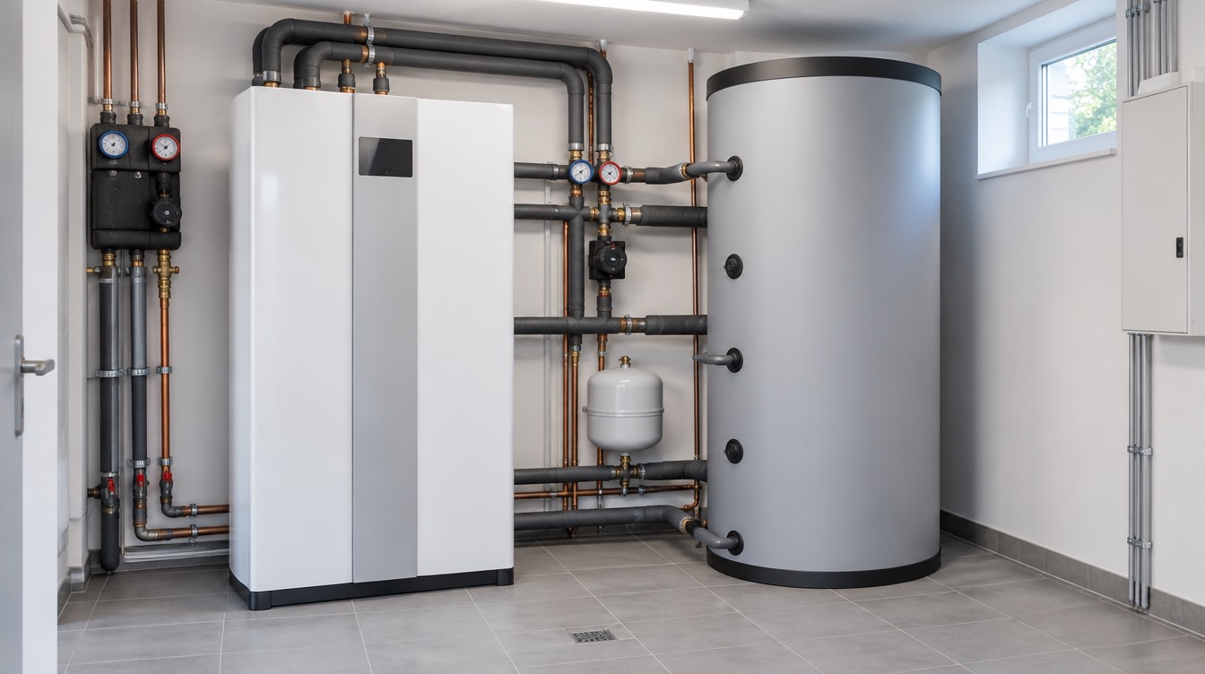 Aufgeräumter Heizungsraum mit neuer Wärmepumpe